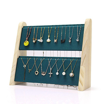 2-Tier Velvet Pendant & Necklace Display Stands, Necklace Organizer Holder with Wooden Base, Dark Green, 30.8~31x10.7~10.8x26cm