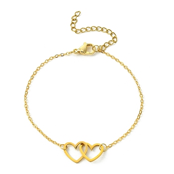 Alloy Interflocking Heart Link Bracelet with Brass Cable Chains, Golden, 7-1/8 inch(18.2cm)