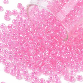 8/0 Glass Seed Beads, Transparent Inside Colours Luster, Round Hole, Round, Hot Pink, 8/0, 3~4x2~3mm, Hole: 0.8mm, about 15000pcs/bag