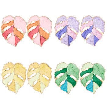 4 Pairs 4 Colors Enamel Tropical Leaf Stud Earrings, Light Gold Alloy Jewelry for Women, Mixed Color, 34x27mm, Pin: 0.8mm, 1 pair/color