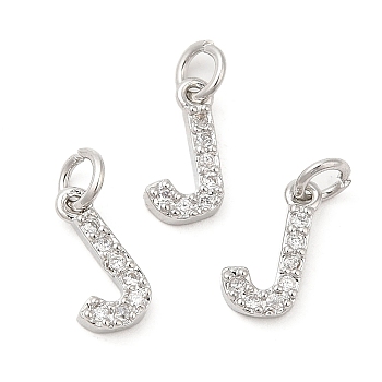 Brass Micro Pave Grade AAA Cubic Zirconia Charms, Letter J, Cadmium Free & Nickel Free & Lead Free, Real Platinum Plated, 9x4.5x1.5mm, Hole: 2mm