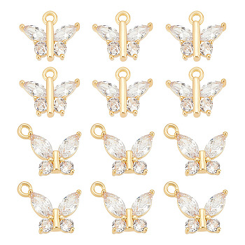 12Pcs 2 Styles Brass with Clear Cubic Zirconia Charms, Butterfly Charms, Golden, 10.5~15.5x12.7~13x3.4mm, Hole: 1.2~1.5mm, 6pcs/style