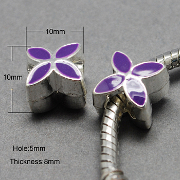 Alloy Enamel European Beads, Large Hole Beads, Flower, Silver Color Plated, Dark Violet, 10x10x8mm, Hole: 5mm