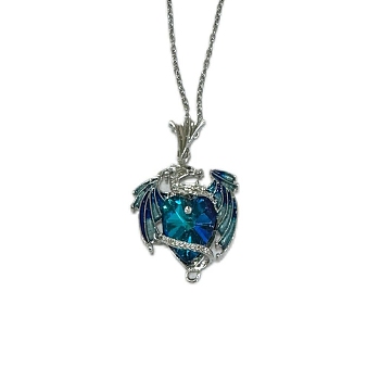 Alloy Rhinestone Dragon Holding Heart Pendant Necklaces with Enamel, Cable Chain Necklaces for Women, Platinum, Indigo, 17.72 inch(45cm)