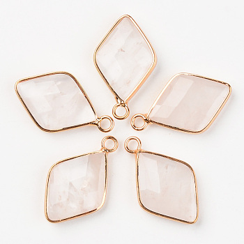 Natural Quartz Crystal Pendants, Rock Crystal Pendants, with Light Golden Plated Brass Edge, Rhombus, Faceted, 26x15.5x4.5mm, Hole: 2mm