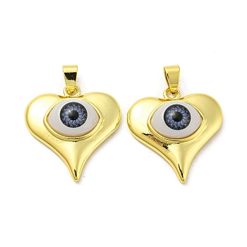 Real 18K Gold Plated Brass Pendants, with Acrylic, Heart with Evil Eye Charms, Steel Blue, 26.5x25x8mm, Hole: 5x3.5mm
