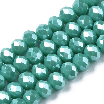 Electroplate Glass Beads Strands, Pearl Luster Plated, Faceted, Rondelle, Medium Turquoise, 2.5x2mm, Hole: 0.4mm, about 150~170pcs/strand, 11 inch(28cm)