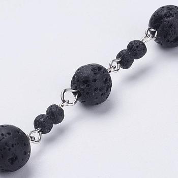Natural Lava Rock Handmade Beaded Chains, Unwelded, with Iron Eye Pin and Lava Rock Beads, Platinum, 39.37 inch, 1m/strand