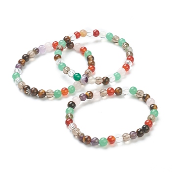 Natural Mixed Stone Beaded Stretch Bracelets, Round, Beads: 6~6.5mm, Inner Diameter: 2-1/4 inch(5.55cm)