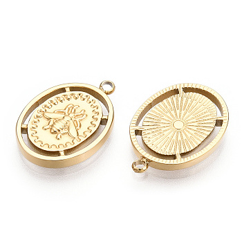 304 Stainless Steel Pendants,  Manual Polishing, Oval with Bees Charms, Real 14K Gold Plated, 18.5x13x2mm, Hole: 1.5mm