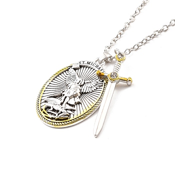 Two Tone Sword and Oval Shield Pendant Necklace, St. Michael Crystal Rhinestone Jewelry for Religion, Platinum & Light Gold, 19.09 inch(48.5cm)