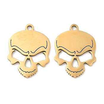 Halloween Ion Plating(IP) 316L Surgical Stainless Steel Pendants, Laser Cut, Skull Charm, Real 18K Gold Plated, 17x13x1mm, Hole: 1.2mm