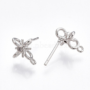 Brass Stud Earring Findings, with Loop & Cubic Zirconia, Clear, Cross, Nickel Free, Real Platinum Plated, 11x9mm, Hole: 1mm, Pin: 0.8mm(KK-T038-295P)