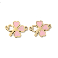 304 Stainless Steel Pink Enamel Shamrock Connector Charms, Clover Links, Golden, 10x13x1mm, Hole: 1.2mm(STAS-I322-62G)