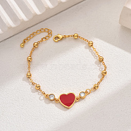 Elegant Brass Pave Clear Cubic Zirconia Heart Link Bracelets with Enamel, Real 18K Gold Plated, Red, 6-3/4 inch(17cm)(JW9765)