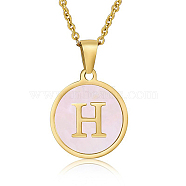 Natural Shell Initial Letter Pendant Necklace, with Golden Stainless Steel Cable Chains, Letter H, 17.72 inch(45cm)(LE4192-6)