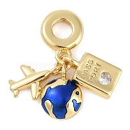 Rack Plating Brass Clear Cubic Zirconia European Dangle Charms, Blue Enamel Travel Large Hole Pendants, Real 18K Gold Plated, Long-Lasting Plated, Cadmium Free & Lead Free, Earth, 27mm, Hole: 4.5mm(KK-P287-18D-G)