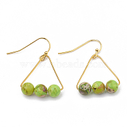 Natural Regalite/Imperial Jasper/Sea Sediment Jasper Dangle Earrings, with Iron Findings, Triangle with Round, Lawn Green, 32mm, Pin: 0.6mm, Pendant: 24x21mm(EJEW-S202-010B)