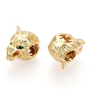 Brass Beads, with Cubic Zirconia, Wolf Head, Golden, 12x11x14.5mm, Hole: 5mm(KK-ZX024-29G)