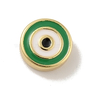 Brass Beads, with Enamel, Cadmium Free & Lead Free, Long-Lasting Plated, Flat Round with Evil Eye, Real 18K Gold Plated , Green, 10x4mm, Hole: 1.2mm(KK-B059-36G-C)