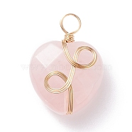 Natural Rose Quartz Pendants, with Light Gold Tone Copper Wire Wrapped, Faceted, Heart, 21x15x8.5mm, Hole: 3.6mm(PALLOY-JF01491)