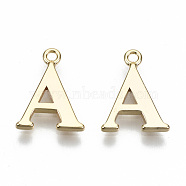 Brass Charms, Nickel Free, Letter, Real 18K Gold Plated, Letter.A, A: 13x10x1mm, Hole: 1.2mm(KK-N231-179A-NF)