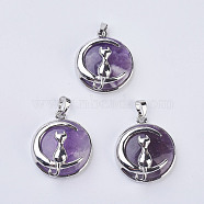 Natural Amethyst Kitten Pendants, with Brass Findings, Flat Round with Cat & Crescent Moon Shape, Platinum, 32x27.5x10mm, Hole: 5x7mm(G-K234-D09)