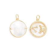 Brass Micro Pave Cubic Zirconia Pendants, with Natural Shell and Jump Ring, Flat Round with Twelve Constellations, Golden, Taurus, 17.5x15x2.5mm, Hole: 3.5mm(ZIRC-E164-36I-G)
