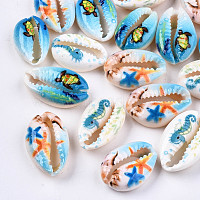 Printed Natural Cowrie Shell Beads, No Hole/Undrilled, with Marine Organism Pattern, Mixed Color, 18~22x13~14x6~8mm
