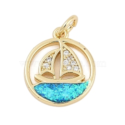 Brass Micro Pave Cubic Zirconia Pendants, Sailboat Charms, with Synthetic Opal and Jump Ring, Long-Lasting Plated, Rack Plating, Lead Free & Cadmium Free, Real 18K Gold Plated, 15x13x2mm, Hole: 3mm(KK-I723-47G)