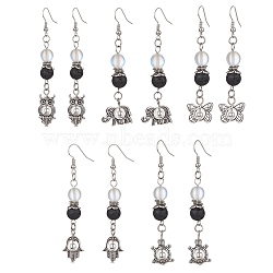Natural Lava Rock Round Beaded Dangle Earrings, Alloy Long Drop Earrings, Mixed Shapes, 65~74x11.5~18mm(EJEW-JE05476)