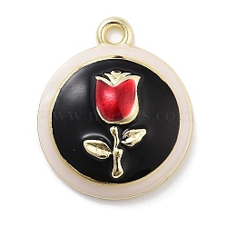 Rack Plating Alloy Enamel Pendants, Lead Free & Cadmium Free & Nickel Free, Half Round with Rose Charm, Golden, 20x17x7mm, Hole: 1.6mm(PALLOY-F311-12G)