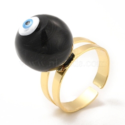 Enamel Round with Evil Eye Beaded Open Cuff Ring, Real 18K Gold Plated Brass Jewelry for Women, Black, Inner Diameter: 20mm(RJEW-E069-03G-03)