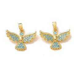 Brass Micro Pave Deep Sky Blue Cubic Zirconia Pendants, Bird Charms, Real 18K Gold Plated, 15x20x2mm, Hole: 4.5x2mm(CU-CBA9AB3-42G)