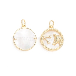 Brass Micro Pave Cubic Zirconia Pendants, with Natural Shell and Jump Ring, Flat Round with Twelve Constellations, Golden, Taurus, 17.5x15x2.5mm, Hole: 3.5mm(ZIRC-E164-36I-G)