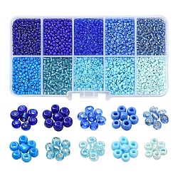 8500Pcs 10 Style Glass Seed Beads, Round, 12/0, Blue, 1.5~2.5mm, Hole: 0.5~1mm, 13g, 850pcs/style, 8500pcs/box(SEED-YW0001-80B)