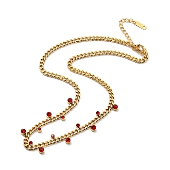 Rhinestone Charms Necklace with Curb Chains, Gold Plated 304 Stainless Steel Jewelry for Women, Ruby, 15.00 inch(38.1cm)