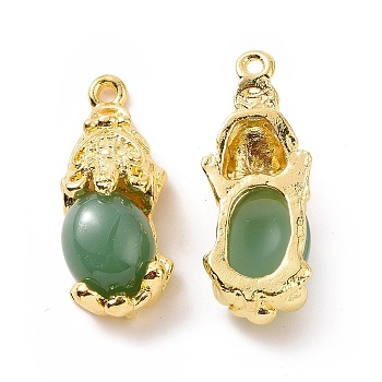 Alloy with Glass Imitation Jade Pendants, Pi Xiu Charm, Golden, Medium Sea Green, 26x10x6.5mm, Hole: 1.5mm