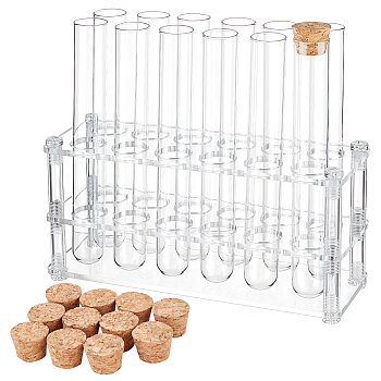 1 Set Acrylic Multi-Use Colorimetrical Cylinder Tube Display Racks, 12-Hole 25ML Test Tube Display Stands, Lab Supplies, Rectangle, with 12Pcs Transparent Glass Test Tube, Clear, Rack: 180x60x85mm, Test Tubes: 15.5cm