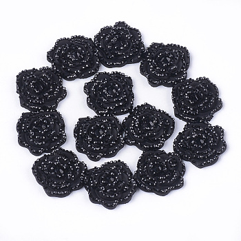 Resin Rhinestone Cabochons, Flower, Black, 14x14x3mm