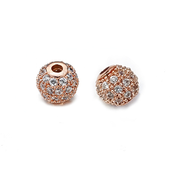 Round Brass Micro Pave Cubic Zirconia Beads, Clear, Rose Gold, 6mm, Hole: 1.8mm