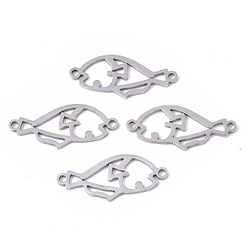 201 Stainless Steel Links connectors, Laser Cut, Fish, Stainless Steel Color, 10x22.5x1mm, Hole: 1.4mm
