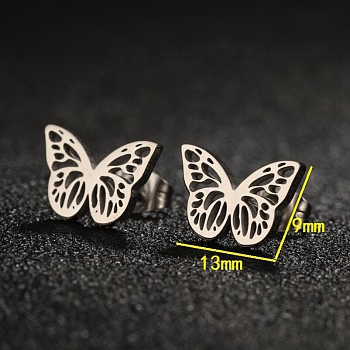 304 Stainless Steel Stud Earrings with 316 Surgical Stainless Steel Pins, Hollow Butterfly, Stainless Steel Color, 9x13mm
