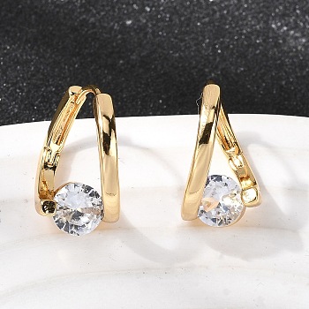 Brass Micro Pave Clear Cubic Zirconia Round Hoop Earrings, Real 18K Gold Plated, 17x9mm