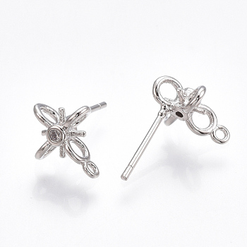 Brass Stud Earring Findings, with Loop & Cubic Zirconia, Clear, Cross, Nickel Free, Real Platinum Plated, 11x9mm, Hole: 1mm, Pin: 0.8mm