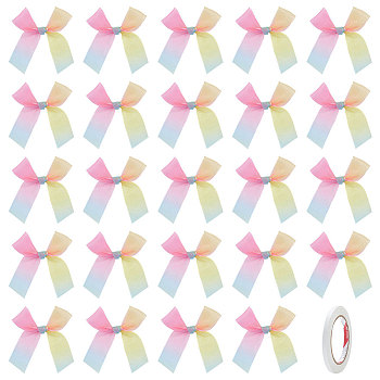Fingerinspire 36Pcs Polyester Bowknot Ornament Accessories, Gradient Color Bowknot, with 1 Roll Double Sided Adhesive Tape,  for DIY Costume, Gift Box, Doll, Colorful, Bowknot: 86~90x100~105x3mm