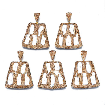Natural Freshwater Pearl Big Pendants, with Polymer Clay Light Colorado Topaz Rhinestone, Alloy Clasp and PU Leather Back, Cadmium Free & Lead Free, Trapezoid, Mint Cream, PP13(1.9~2mm)52~53.5x49x9mm, Hole: 4x10mm