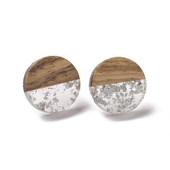 Resin & Walnut Wood Flat Round Stud Earrings with 304 Stainless Steel Pin for Women, Silver, 15mm, Pin: 0.6mm