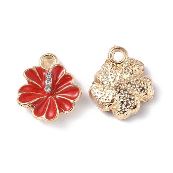 Alloy Enamel Charms, with Rhinestone, Light Gold, Flower Charm, Red, 14x12x4mm, Hole: 1.6mm