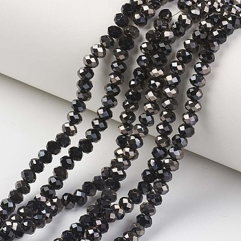 Electroplate Opaque Glass Beads Strands, Half Black Plated, Faceted, Rondelle, Black, 6x5mm, Hole: 1mm, about 83~85pcs/strand, 38~39cm